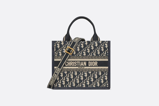 Small Dior Book Tote • Blue Dior Oblique Embroidery and Calfskin (26.5 x 21 x 14 cm)
