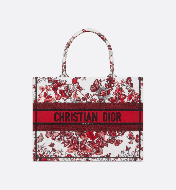 Medium Dior Book Tote • White and Red Le Cœur des Papillons Embroidery (36 x 27.5 x 16.5 cm)