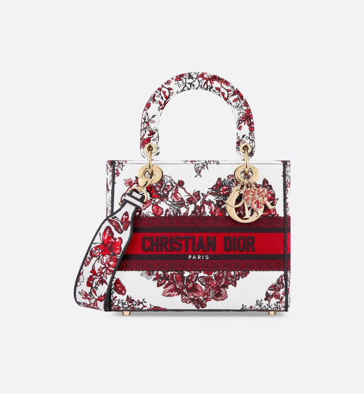 Medium Lady D-Lite Bag • White and Red Le Cœur des Papillons Embroidery