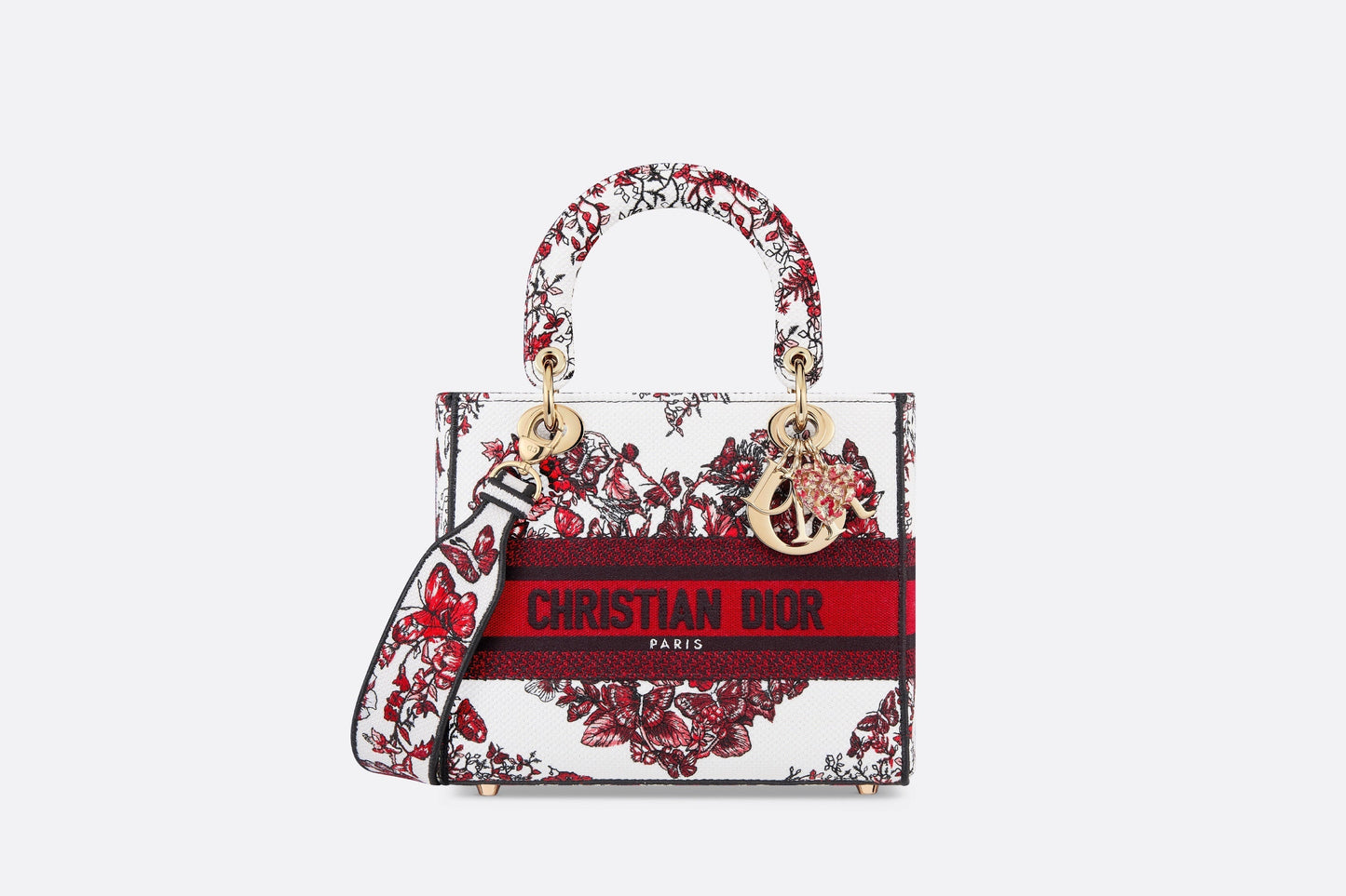 Medium Lady D-Lite Bag • White and Red Le Cœur des Papillons Embroidery