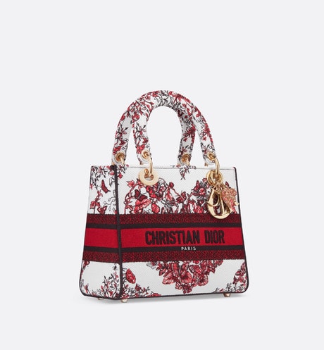 Medium Lady D-Lite Bag • White and Red Le Cœur des Papillons Embroidery