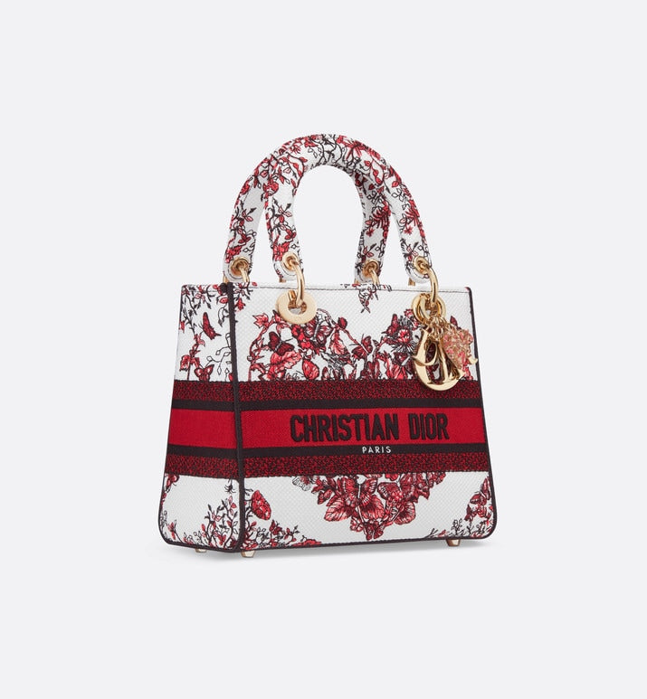 Medium Lady D-Lite Bag • White and Red Le Cœur des Papillons Embroidery
