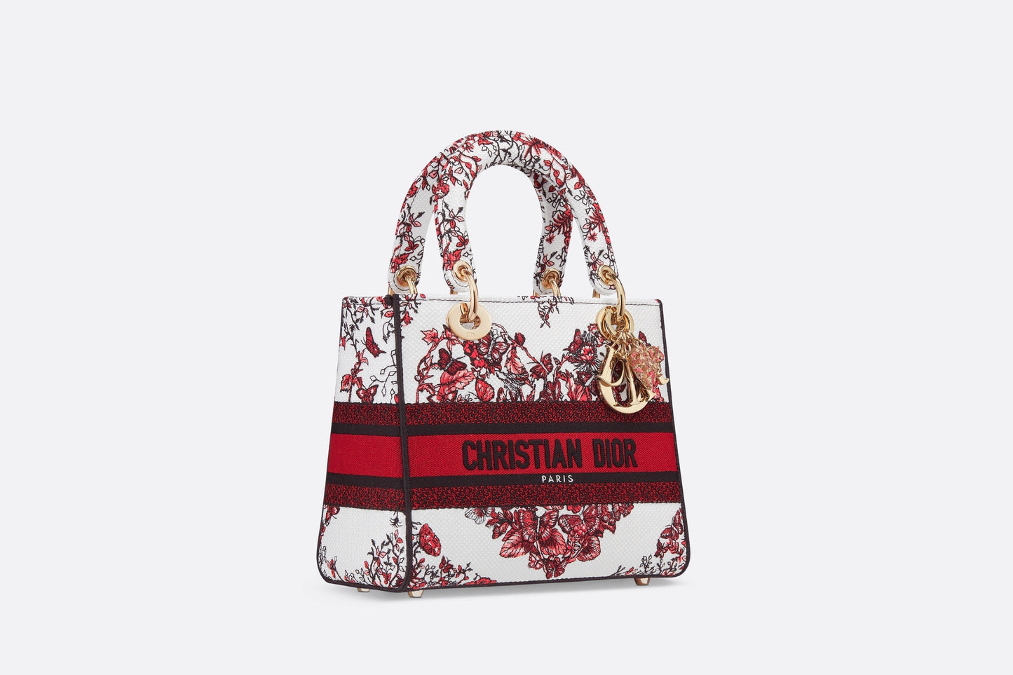 Medium Lady D-Lite Bag • White and Red Le Cœur des Papillons Embroidery