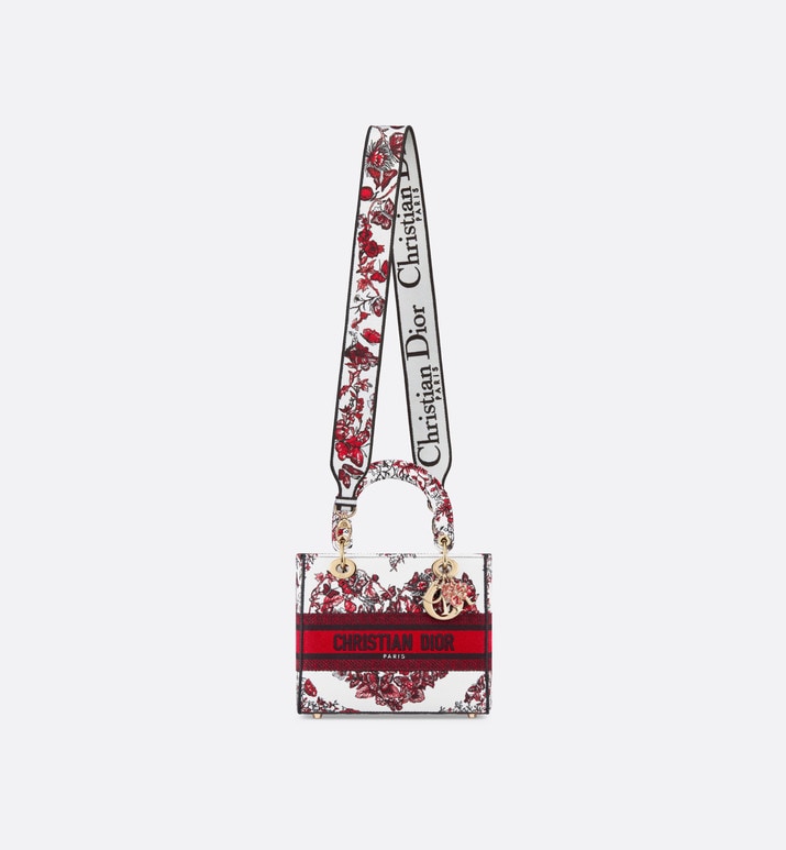 Medium Lady D-Lite Bag • White and Red Le Cœur des Papillons Embroidery
