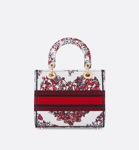 Medium Lady D-Lite Bag • White and Red Le Cœur des Papillons Embroidery