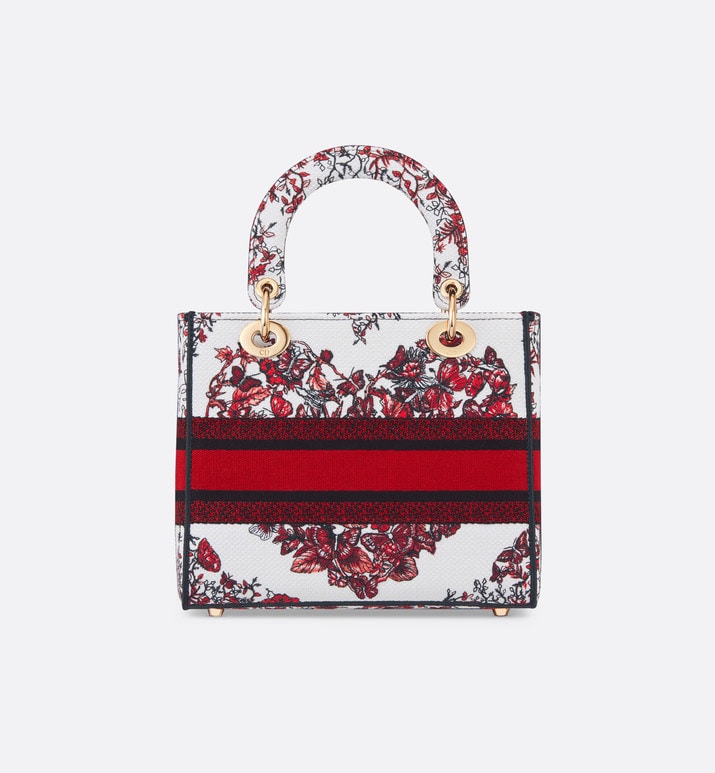 Medium Lady D-Lite Bag • White and Red Le Cœur des Papillons Embroidery