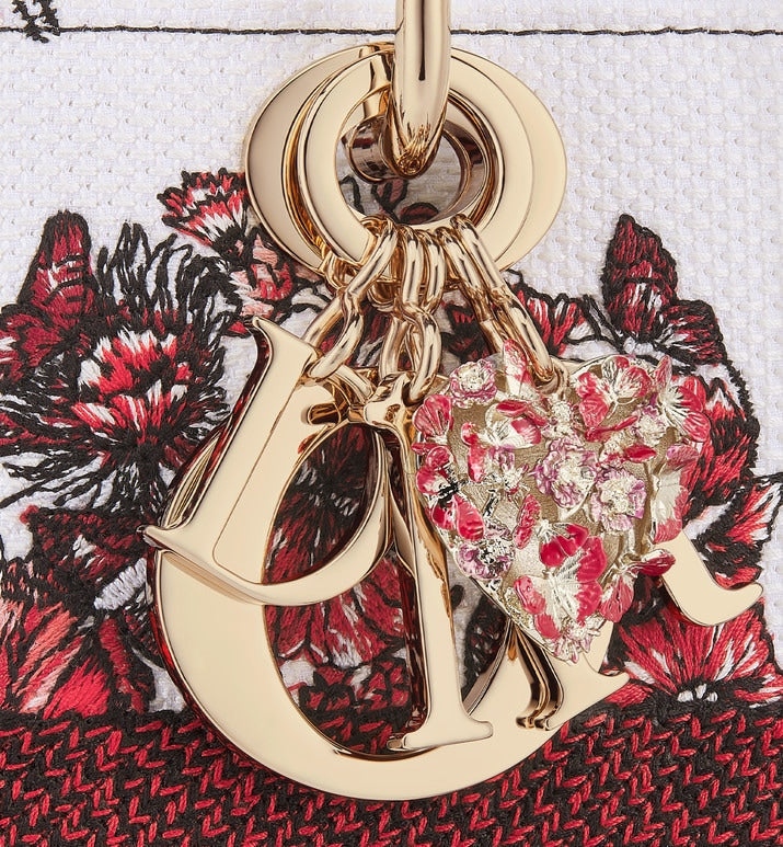 Medium Lady D-Lite Bag • White and Red Le Cœur des Papillons Embroidery