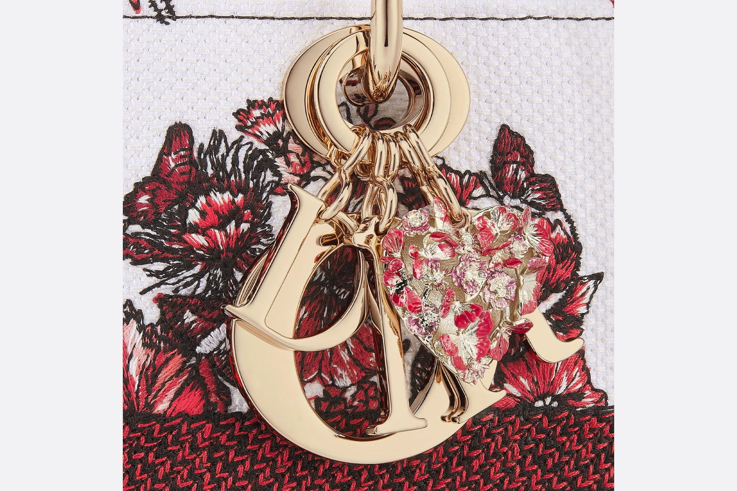 Medium Lady D-Lite Bag • White and Red Le Cœur des Papillons Embroidery