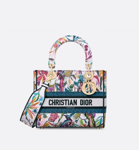 Medium Lady D-Lite Bag • White Multicolor Toile de Jouy Fantastica Embroidery