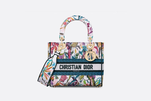 Medium Lady D-Lite Bag • White Multicolor Toile de Jouy Fantastica Embroidery