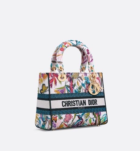Medium Lady D-Lite Bag • White Multicolor Toile de Jouy Fantastica Embroidery