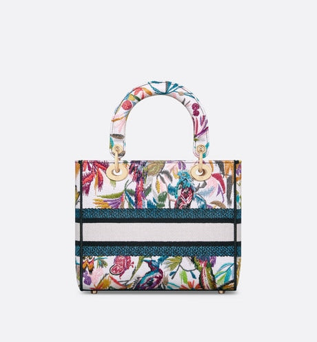 Medium Lady D-Lite Bag • White Multicolor Toile de Jouy Fantastica Embroidery