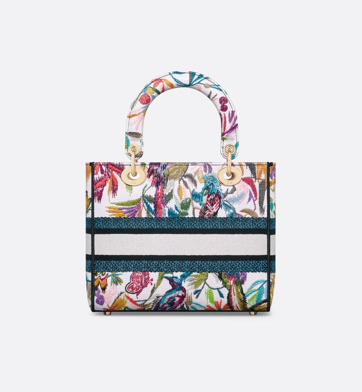 Medium Lady D-Lite Bag • White Multicolor Toile de Jouy Fantastica Embroidery