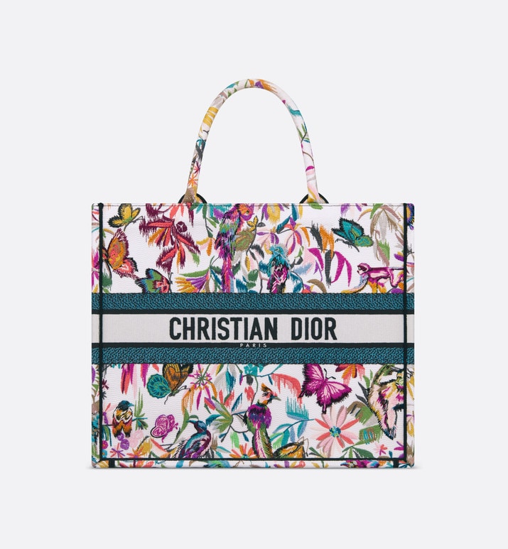 Large Dior Book Tote • White Multicolor Toile de Jouy Fantastica Embroidery (42 x 35 x 18.5 cm)