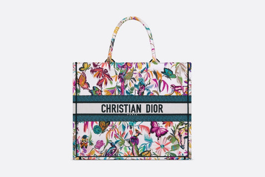 Large Dior Book Tote • White Multicolor Toile de Jouy Fantastica Embroidery (42 x 35 x 18.5 cm)