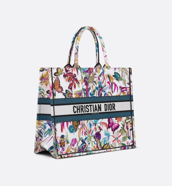 Large Dior Book Tote • White Multicolor Toile de Jouy Fantastica Embroidery (42 x 35 x 18.5 cm)