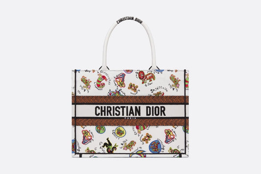 Medium Dior Book Tote • White Multicolor Dragon Zodiac Embroidery (36 x 27.5 x 16.5 cm)
