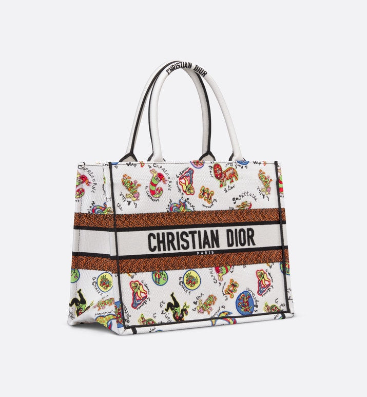 Medium Dior Book Tote • White Multicolor Dragon Zodiac Embroidery (36 x 27.5 x 16.5 cm)