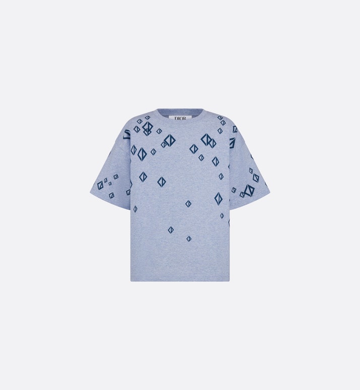 Kid's T-Shirt • Heathered Blue Cotton Jersey Printed with Deep Blue Cascade of CD Diamond Motifs