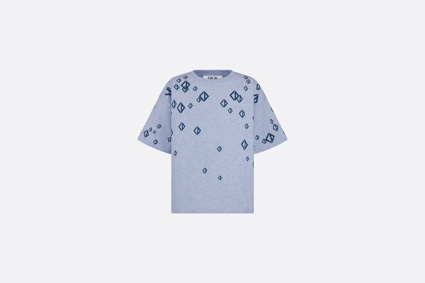 Kid's T-Shirt • Heathered Blue Cotton Jersey Printed with Deep Blue Cascade of CD Diamond Motifs