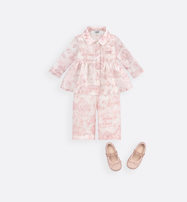 Baby Loose-Fitting Pants • Ivory Satin-Finish Voile with Pale Pink Toile de Jouy Paris Print