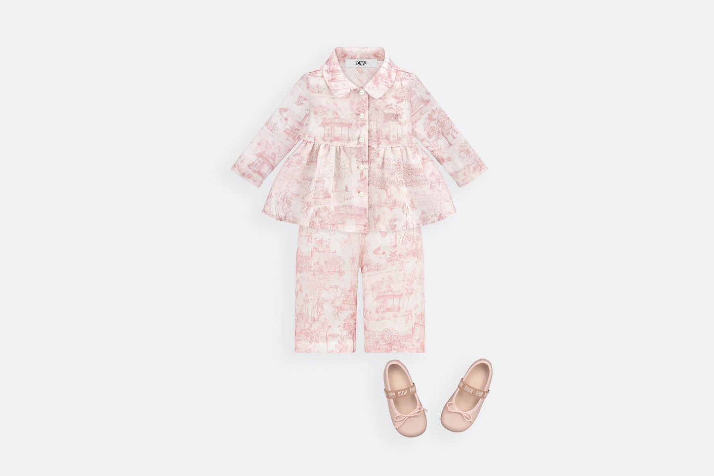 Baby Loose-Fitting Pants • Ivory Satin-Finish Voile with Pale Pink Toile de Jouy Paris Print