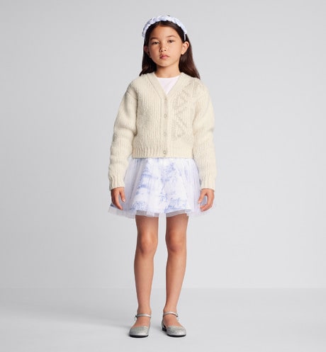 Kid's Short Flared Skirt • Ivory Technical Fabric with Blue Toile de Jouy Paris Print and Ivory Tulle