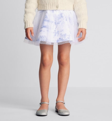 Kid's Short Flared Skirt • Ivory Technical Fabric with Blue Toile de Jouy Paris Print and Ivory Tulle