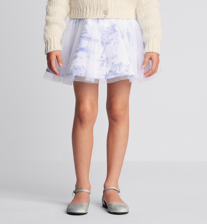 Kid's Short Flared Skirt • Ivory Technical Fabric with Blue Toile de Jouy Paris Print and Ivory Tulle