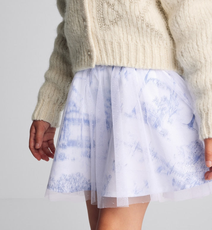 Kid's Short Flared Skirt • Ivory Technical Fabric with Blue Toile de Jouy Paris Print and Ivory Tulle