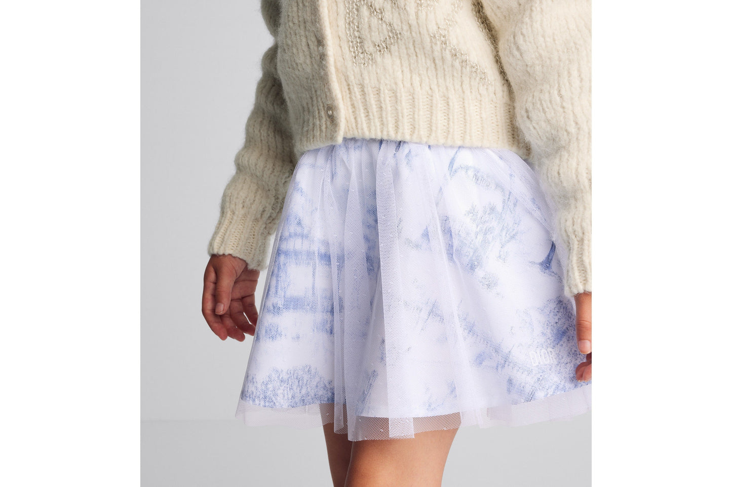 Kid's Short Flared Skirt • Ivory Technical Fabric with Blue Toile de Jouy Paris Print and Ivory Tulle