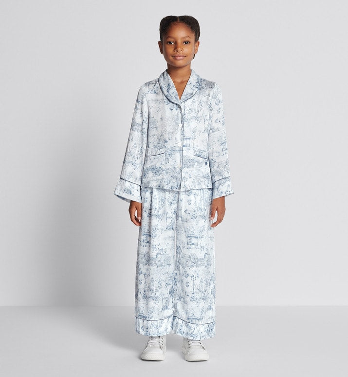 Kid's Loose Pants • Ivory Satin-Finish Voile with Blue Toile de Jouy Paris Print