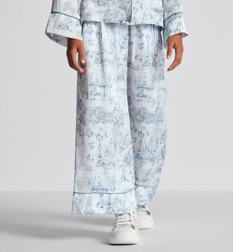 Kid's Loose Pants • Ivory Satin-Finish Voile with Blue Toile de Jouy Paris Print