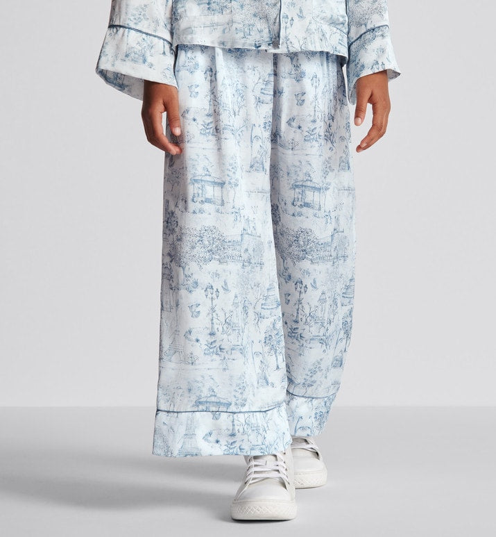 Kid's Loose Pants • Ivory Satin-Finish Voile with Blue Toile de Jouy Paris Print