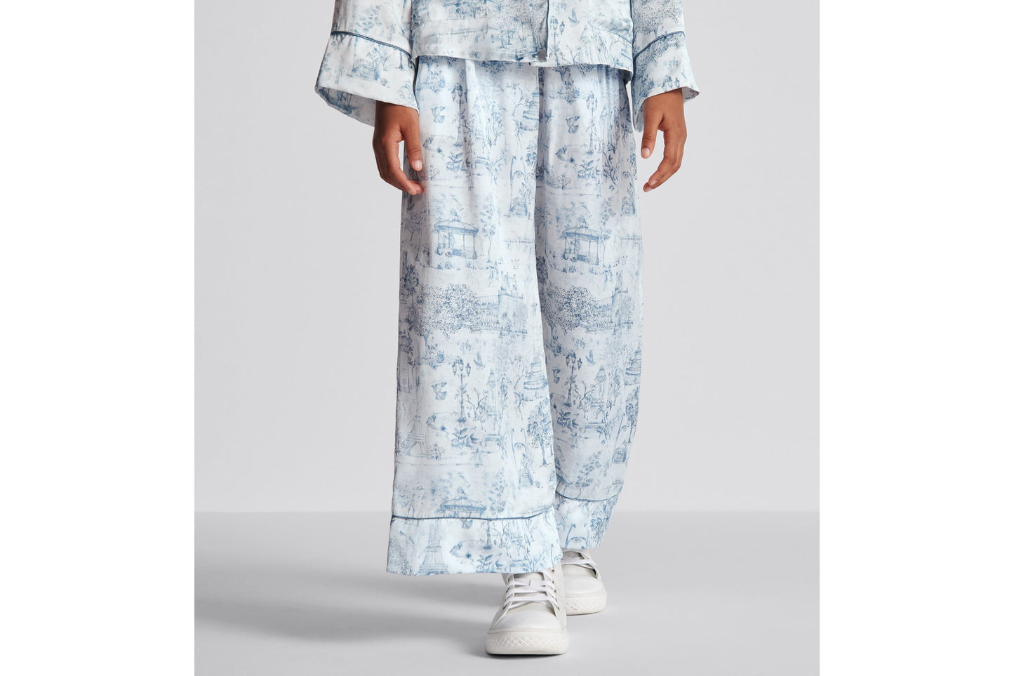 Kid's Loose Pants • Ivory Satin-Finish Voile with Blue Toile de Jouy Paris Print