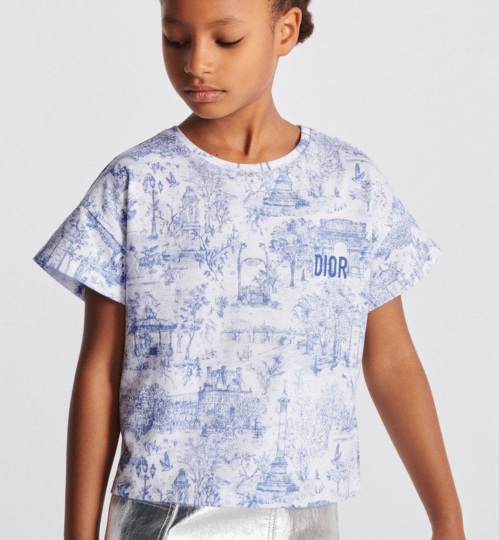 Kid's T-Shirt • Ivory Cotton Jersey with Blue Toile de Jouy Paris Print