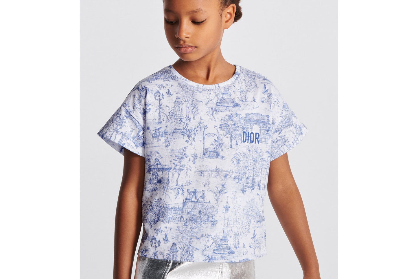 Kid's T-Shirt • Ivory Cotton Jersey with Blue Toile de Jouy Paris Print
