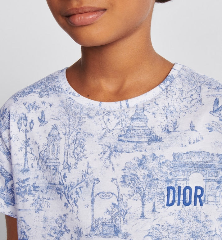 Kid's T-Shirt • Ivory Cotton Jersey with Blue Toile de Jouy Paris Print