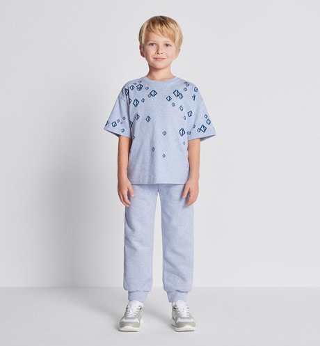 Kid's T-Shirt • Heathered Blue Cotton Jersey Printed with Deep Blue Cascade of CD Diamond Motifs