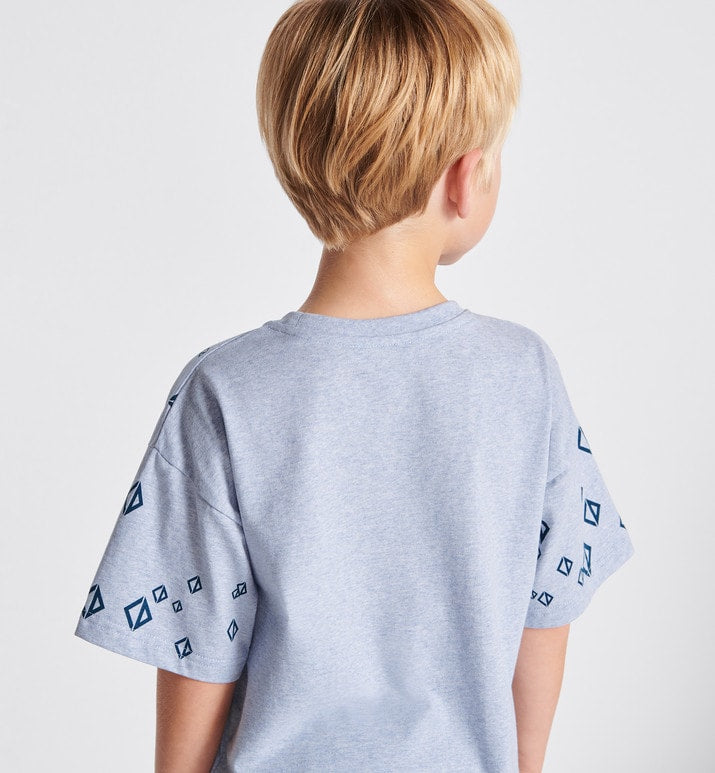 Kid's T-Shirt • Heathered Blue Cotton Jersey Printed with Deep Blue Cascade of CD Diamond Motifs
