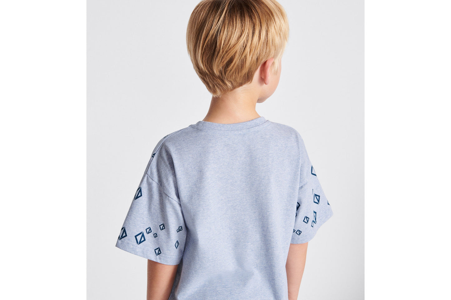 Kid's T-Shirt • Heathered Blue Cotton Jersey Printed with Deep Blue Cascade of CD Diamond Motifs