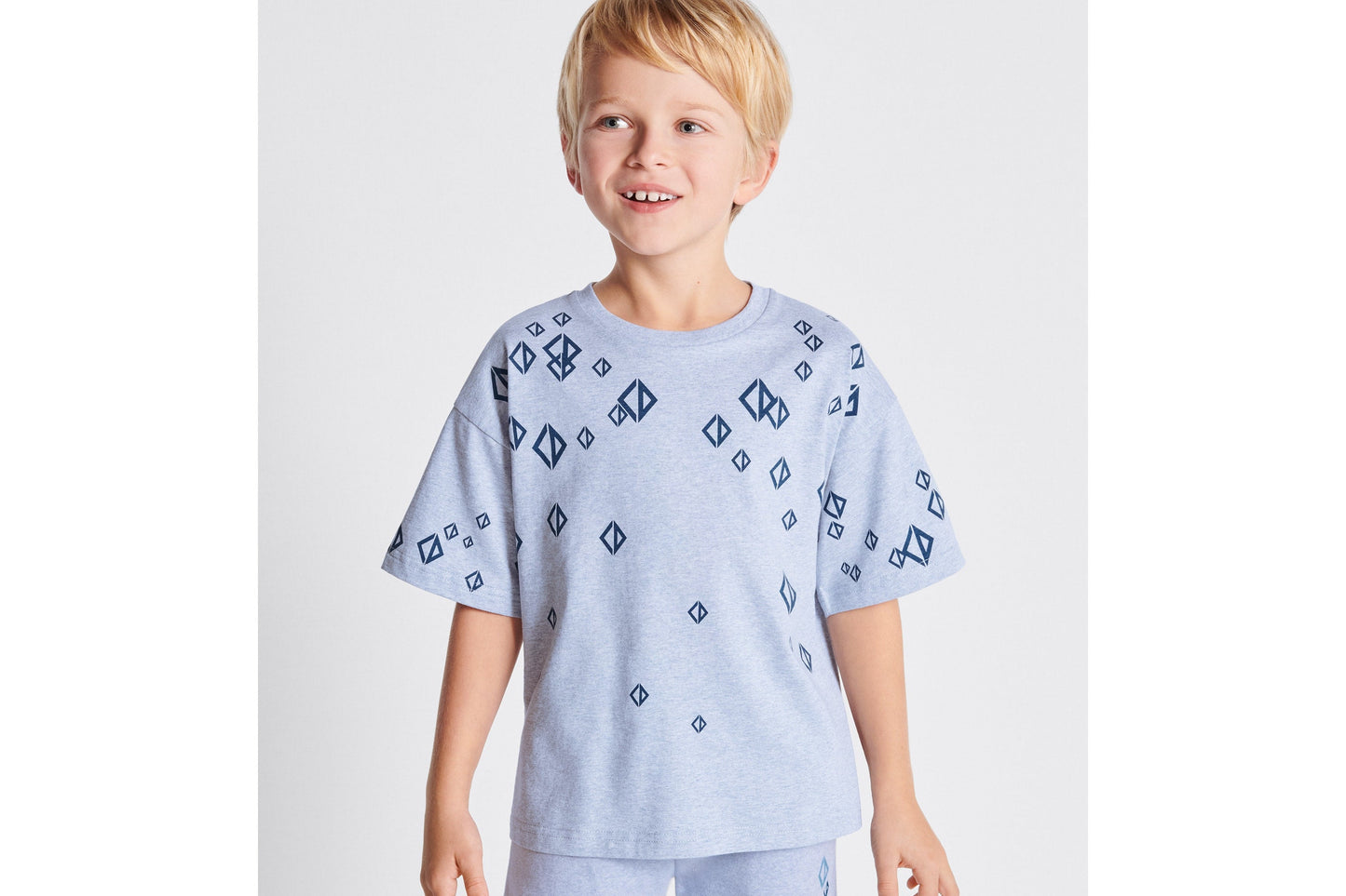 Kid's T-Shirt • Heathered Blue Cotton Jersey Printed with Deep Blue Cascade of CD Diamond Motifs