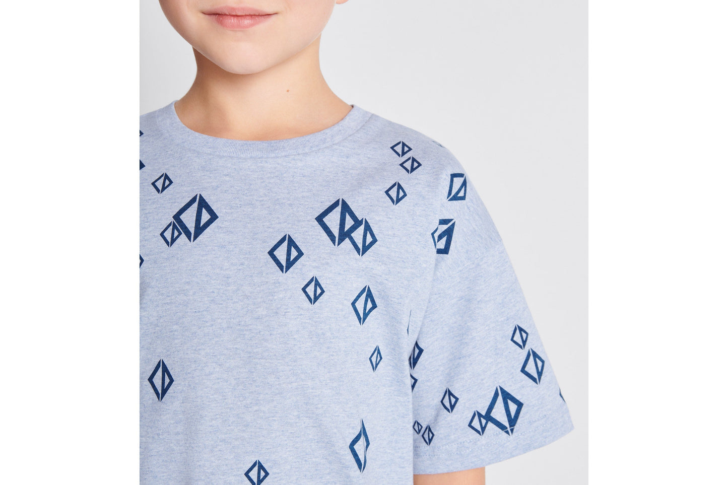 Kid's T-Shirt • Heathered Blue Cotton Jersey Printed with Deep Blue Cascade of CD Diamond Motifs