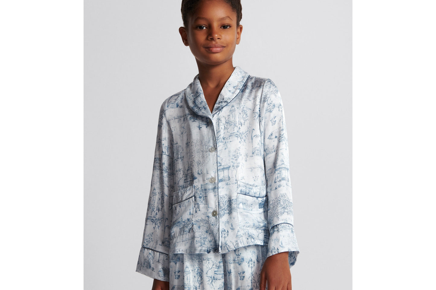 Kid's Shirt • Ivory Satin-Finish Voile with Blue Toile de Jouy Paris Print
