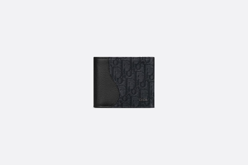 Saddle Compact Wallet • Black Grained Calfskin Leather Marquetry and Dior Oblique Jacquard