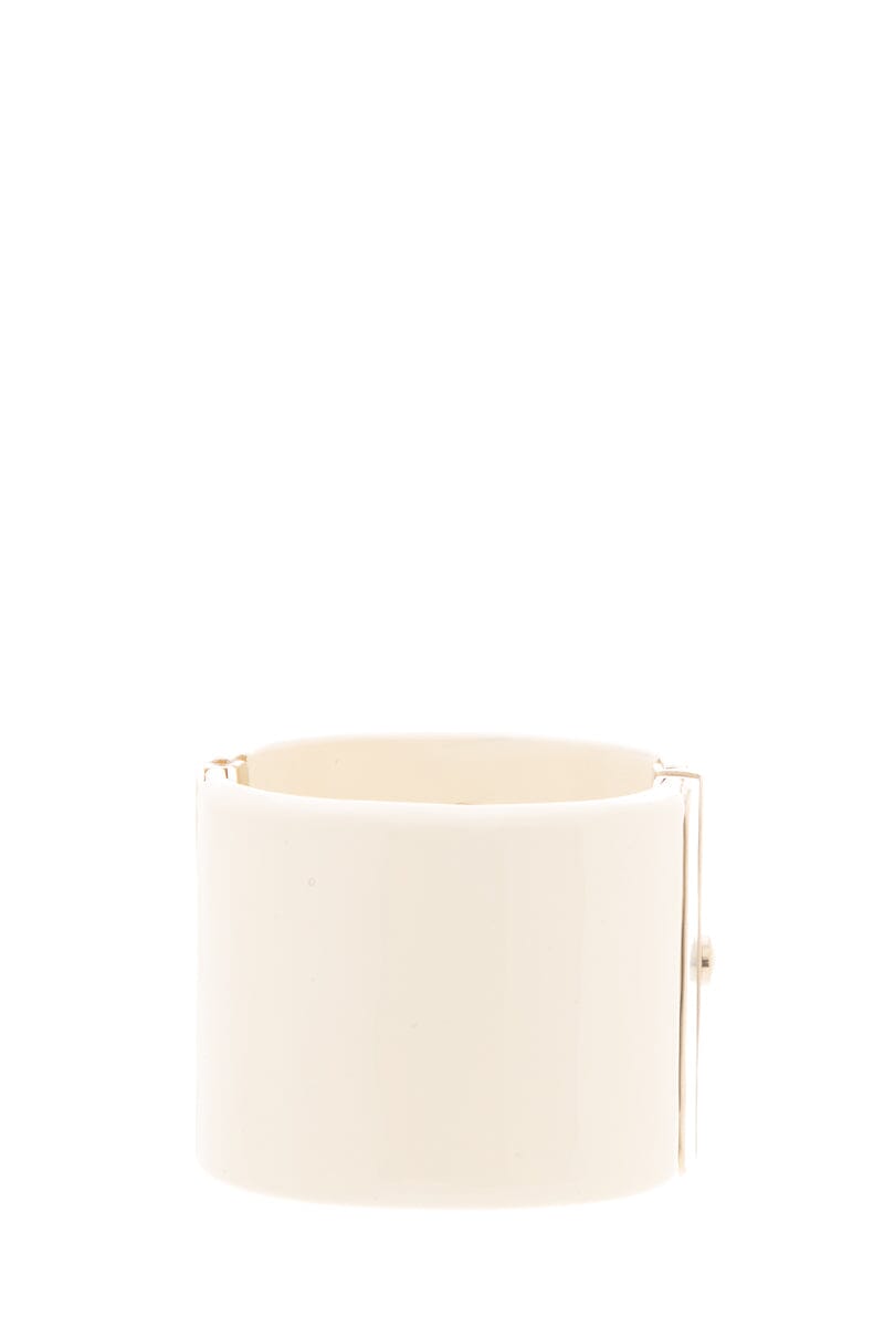 Chanel 2013 Cream Pearl & Yellow Studded Logo Cuff Bracelet