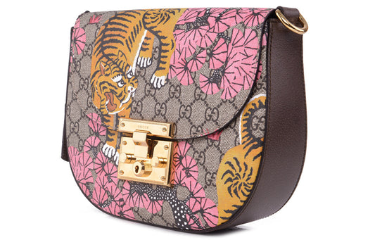 (WMNS) GUCCI Padlock Metallic TIGER Printing Logo Stripe Webbing Canvas Saddle Bag Shoulder Messenger Bag Ebony / Multicolor 453189-K5P5G-9968