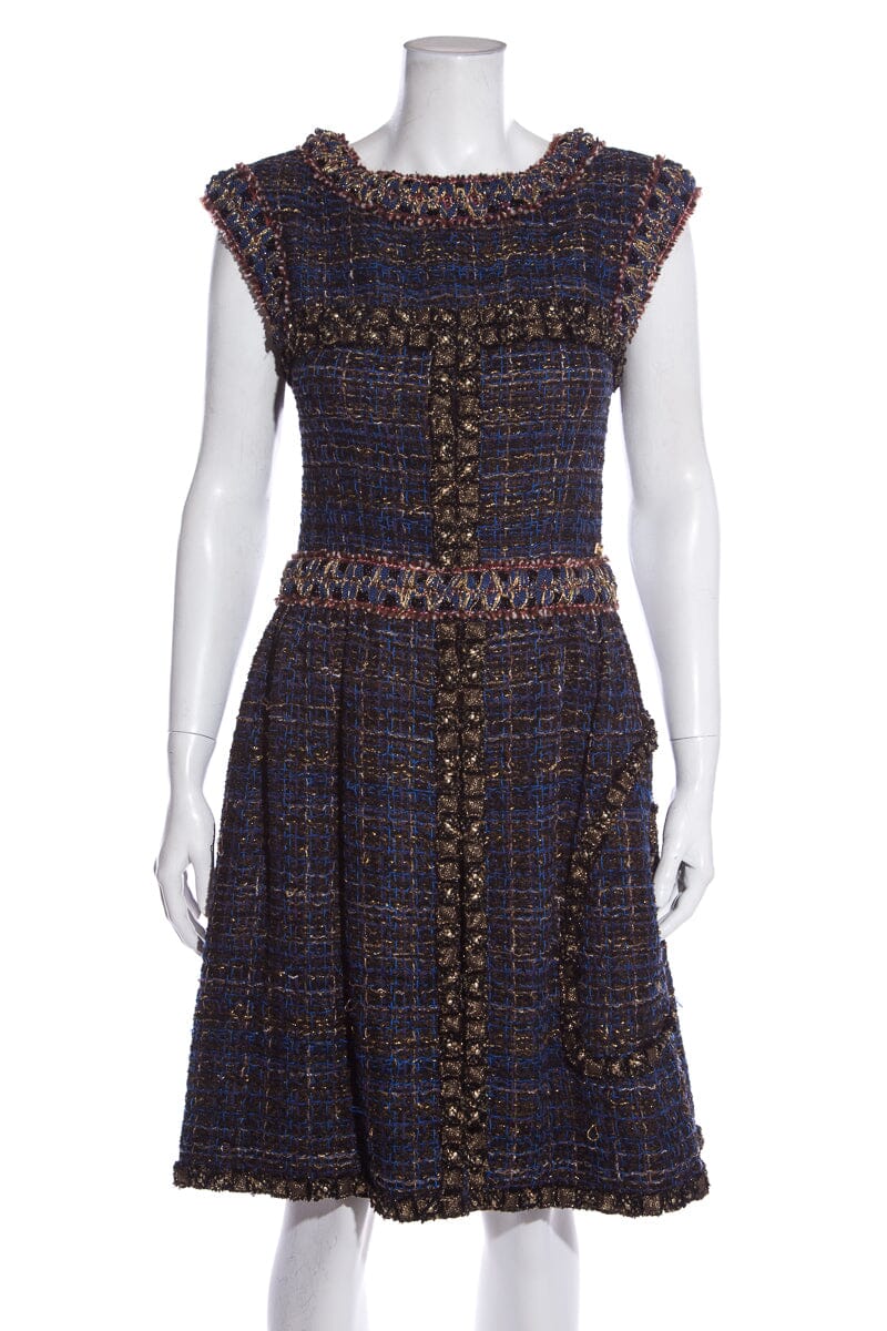 Chanel Blue/Gold 2013 tweed sleeveless dress SZ 36