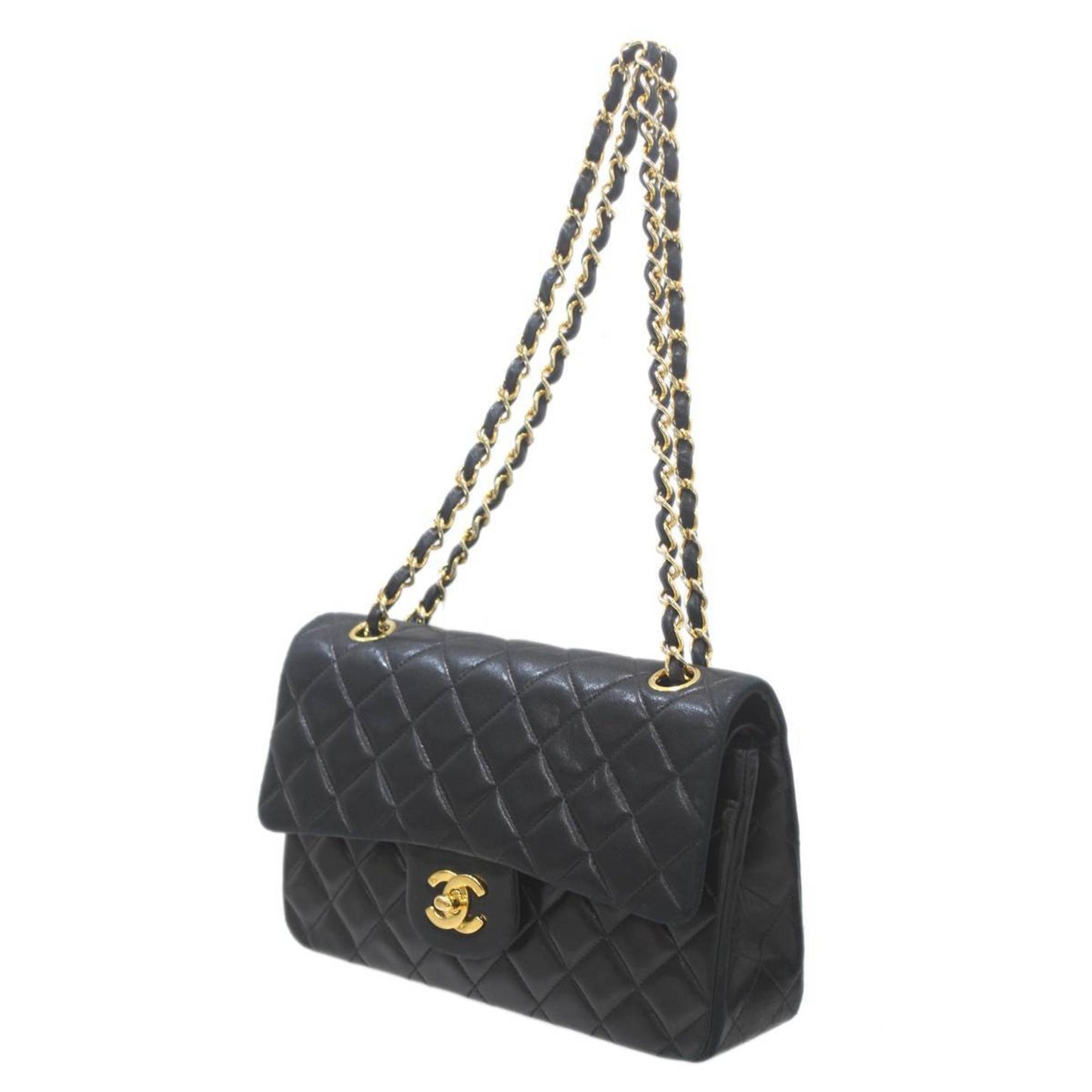 Chanel Black Yellow Gold Leather Stainless Steel Shoulder Bag ()