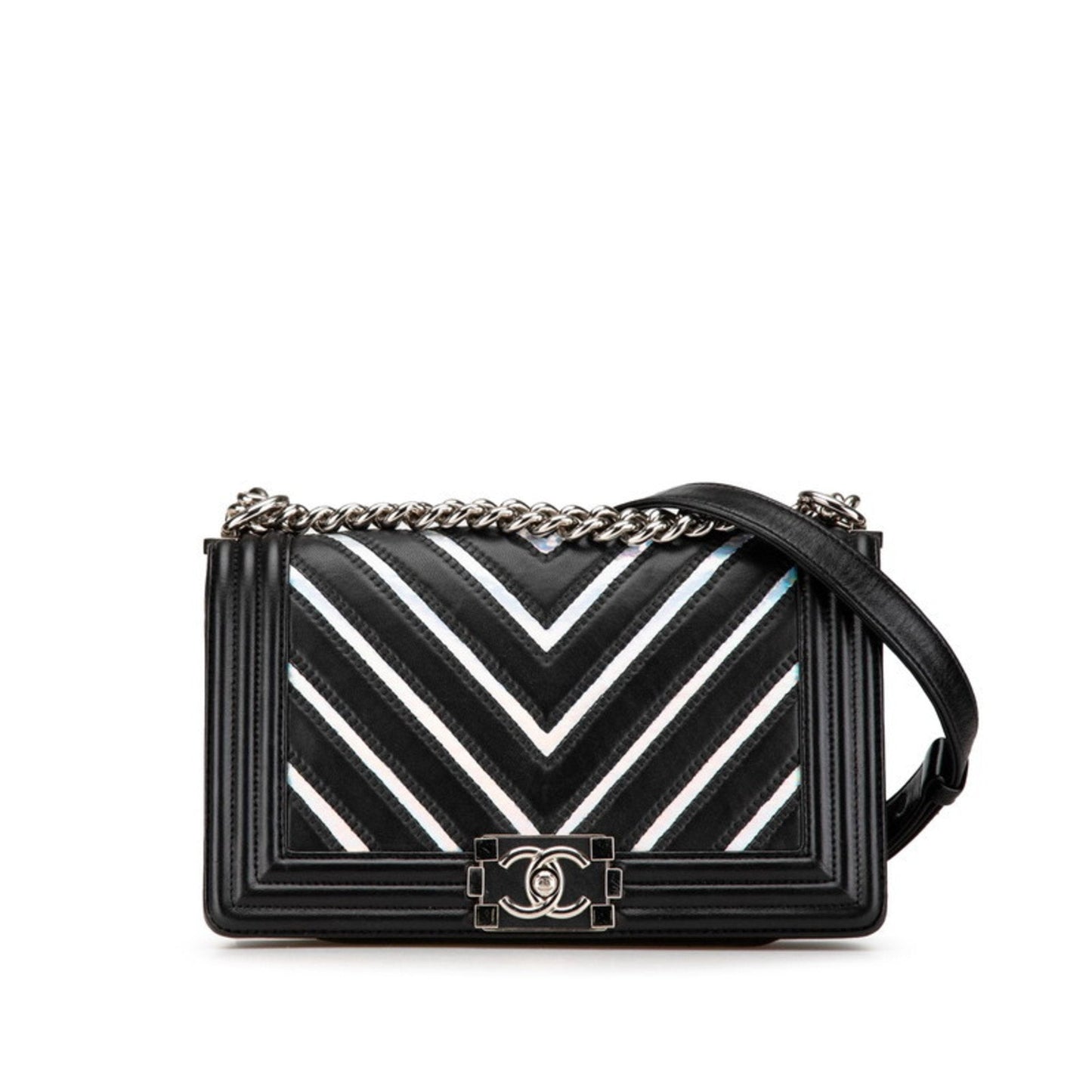 Chanel Black Silver Leather Shoulder Bag ()